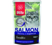 BLITZ Кусочки в соусе "Лосось с индейкой", корм консервированный полнорационный для кошек  85г